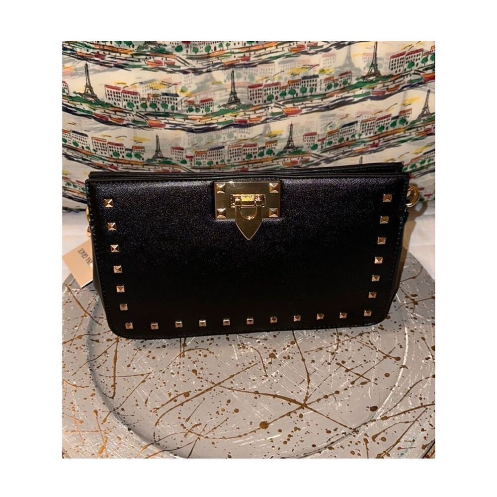 Hanna Grace Black Gold Hardware Studded Chain Strap Small Crossbody Purse